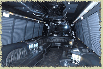 The inside of a e550 Limo bus that seats 26 passengers